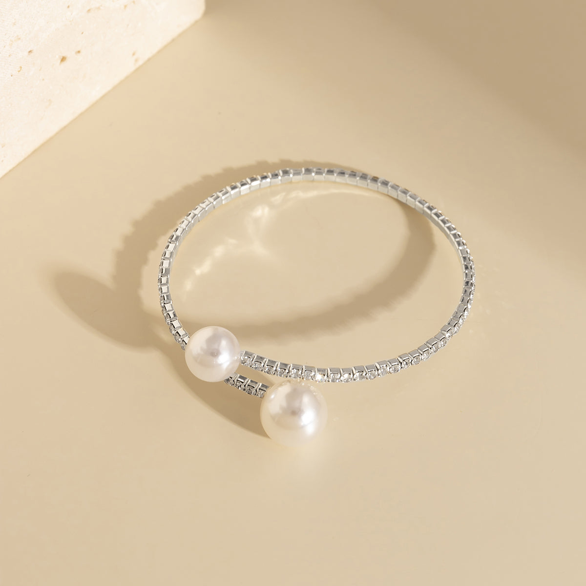 Pearl and Cubic Zirconia Silver-Plated Cuff, silver bracelet for women, dainty minimalist design, styled look