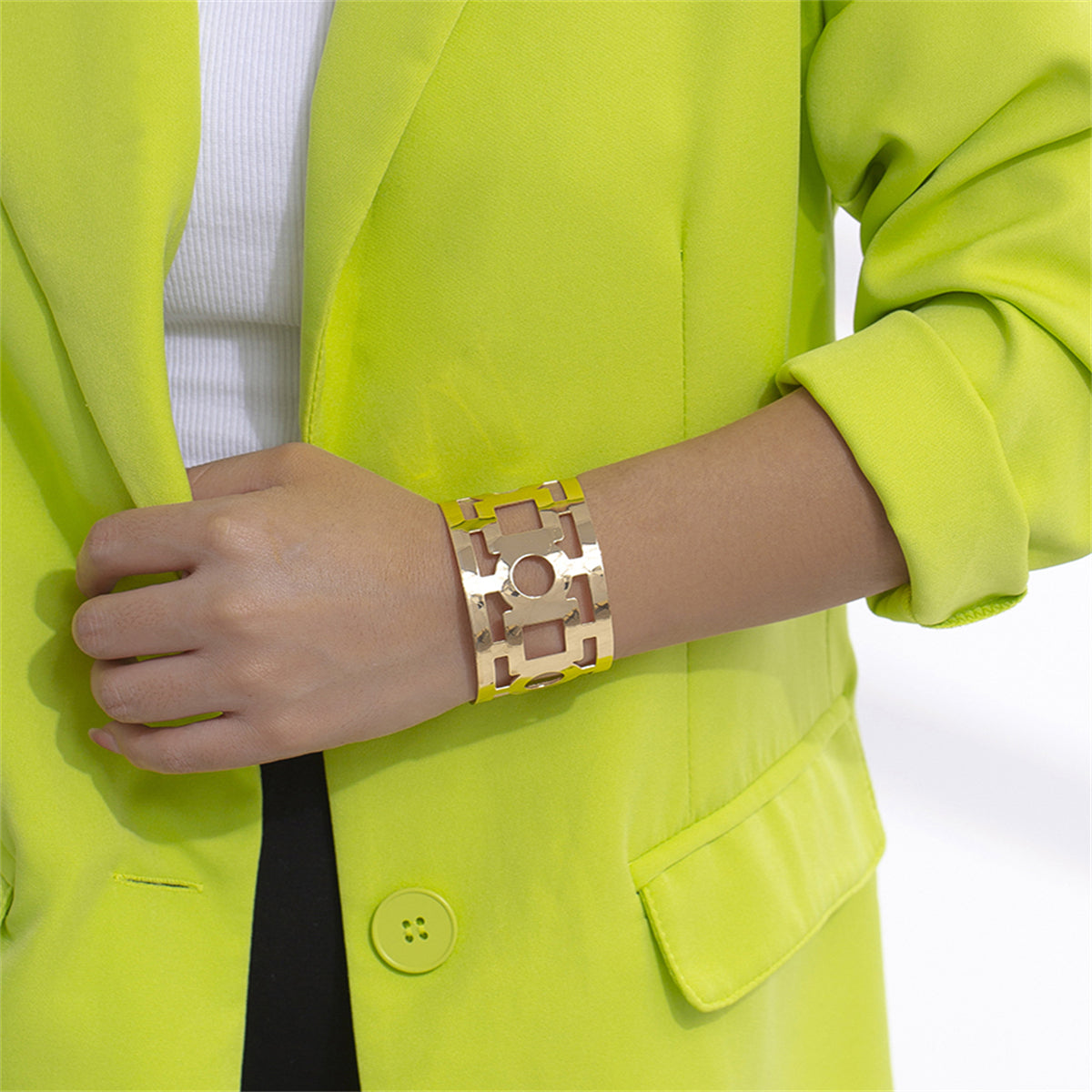 18K Gold-Plated Openwork Geometric Cuff, gold bracelet for women, everyday style, front view