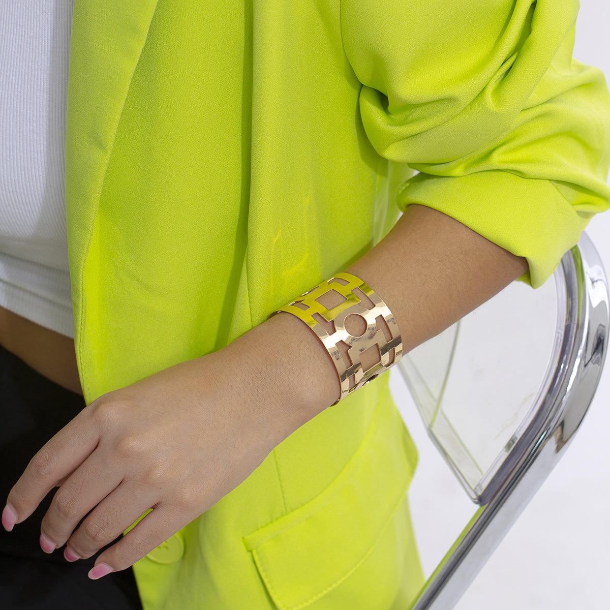 18K Gold-Plated Openwork Geometric Cuff, gold bracelet for women, everyday style, detail close-up