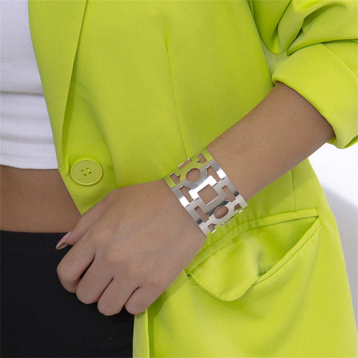 Silver-Plated Openwork Geometric Cuff, silver bracelet for women, everyday style, side view