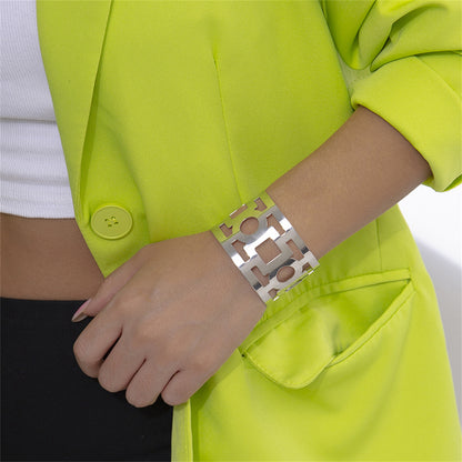 Silver-Plated Openwork Geometric Cuff, silver bracelet for women, everyday style, side view