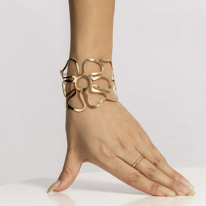 18K Gold-Plated Openwork Flower Cuff, gold bracelet for women, dainty minimalist design, lifestyle look