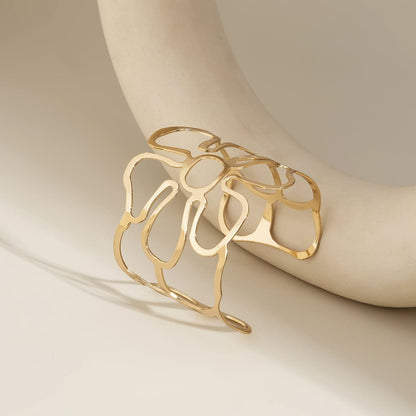 18K Gold-Plated Openwork Flower Cuff, gold bracelet for women, dainty minimalist design, side view