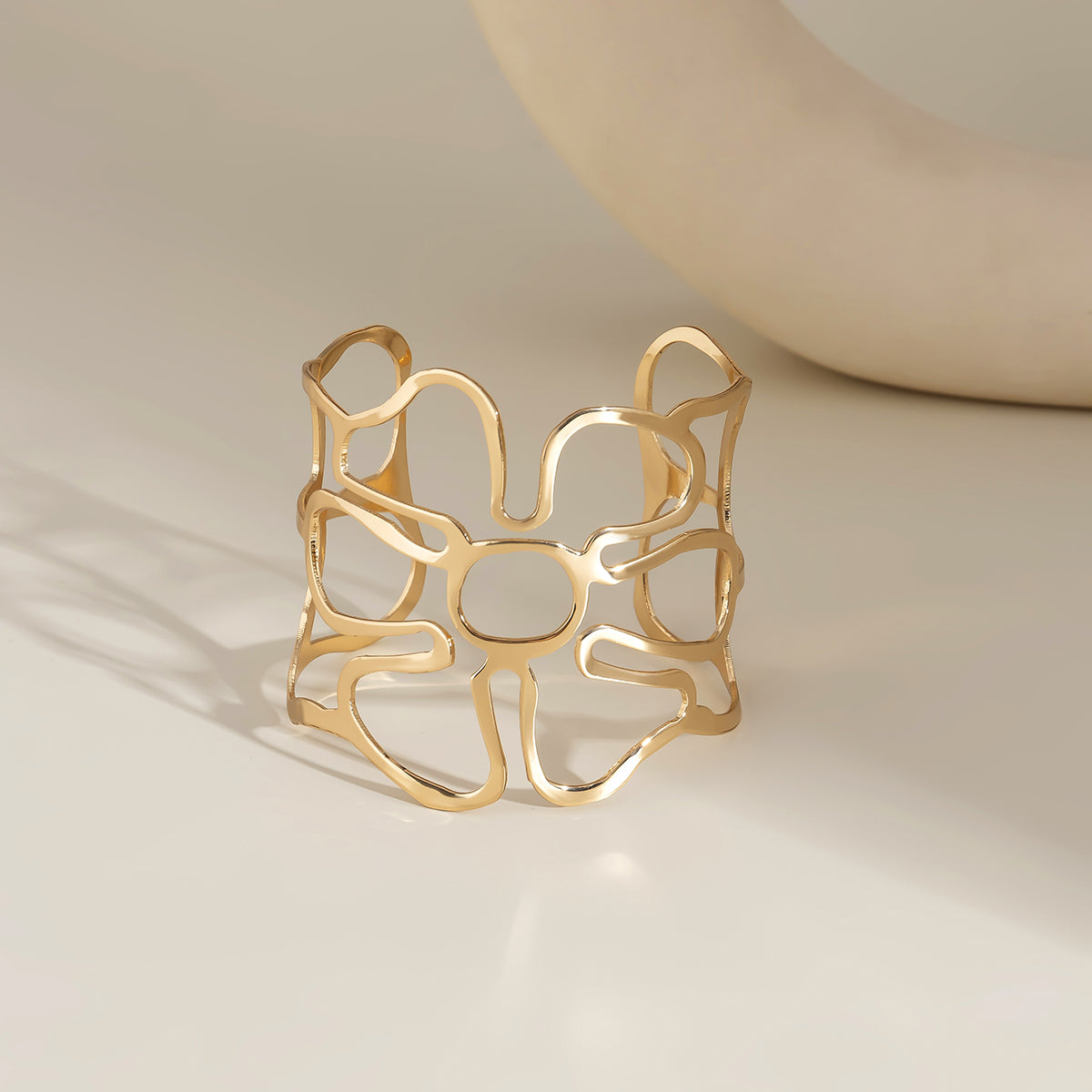 18K Gold-Plated Openwork Flower Cuff, gold bracelet for women, dainty minimalist design, detail close-up