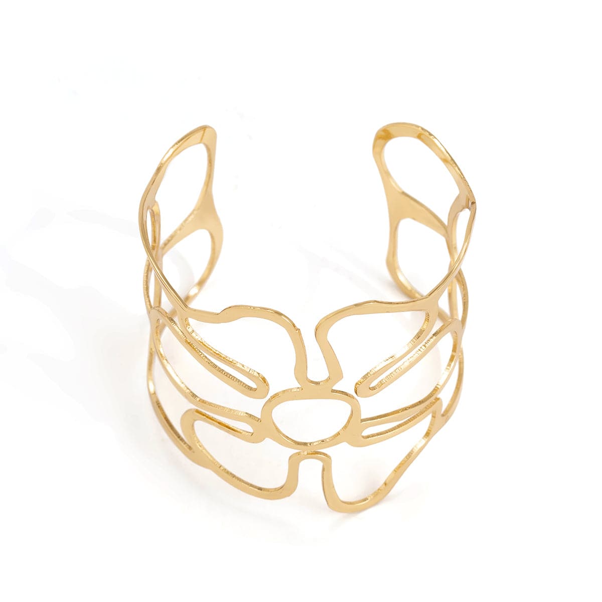 18K Gold-Plated Openwork Flower Cuff, gold bracelet for women, dainty minimalist design, front view