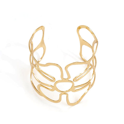 18K Gold-Plated Openwork Flower Cuff, gold bracelet for women, dainty minimalist design, front view