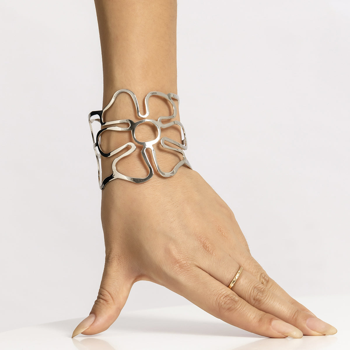 Silver-Plated Openwork Flower Cuff, silver bracelet for women, botanical inspired, front view
