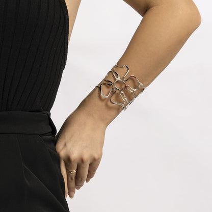 Silver-Plated Openwork Flower Cuff, silver bracelet for women, botanical inspired, side view