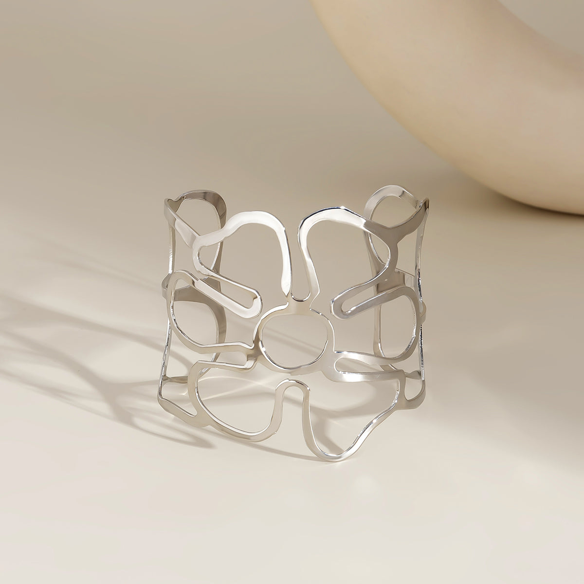 Silver-Plated Openwork Flower Cuff, silver bracelet for women, botanical inspired, lifestyle look