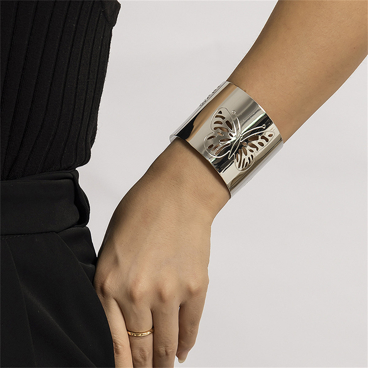 Silver-Plated Openwork Butterfly Cuff Bracelet, silver bracelet for women, vintage-inspired design, front view