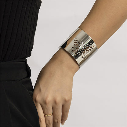Silver-Plated Openwork Butterfly Cuff Bracelet, silver bracelet for women, vintage-inspired design, front view