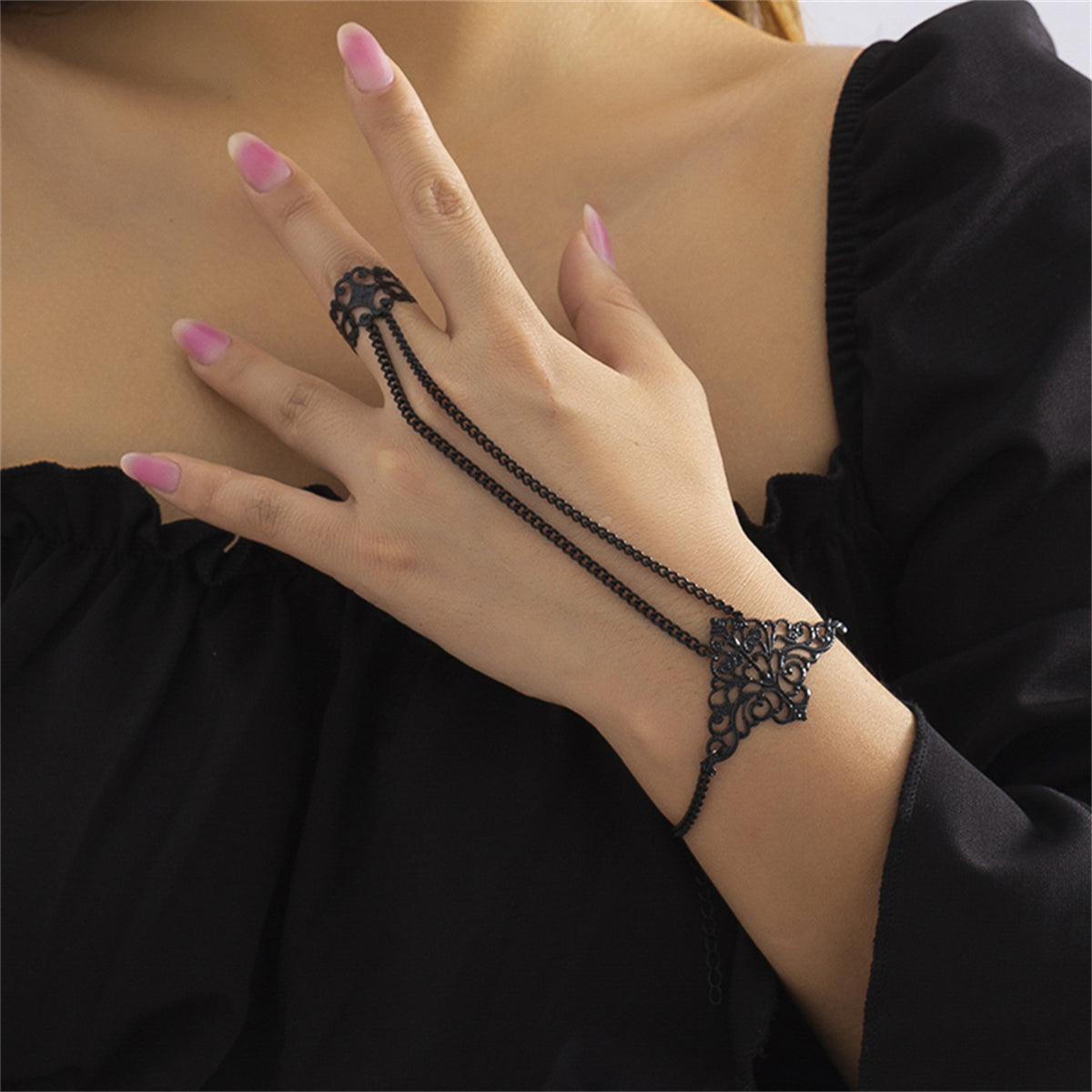Black-Plated Crown Wrist-To-Ring Bracelet, bracelet for women, dainty minimalist design, front view