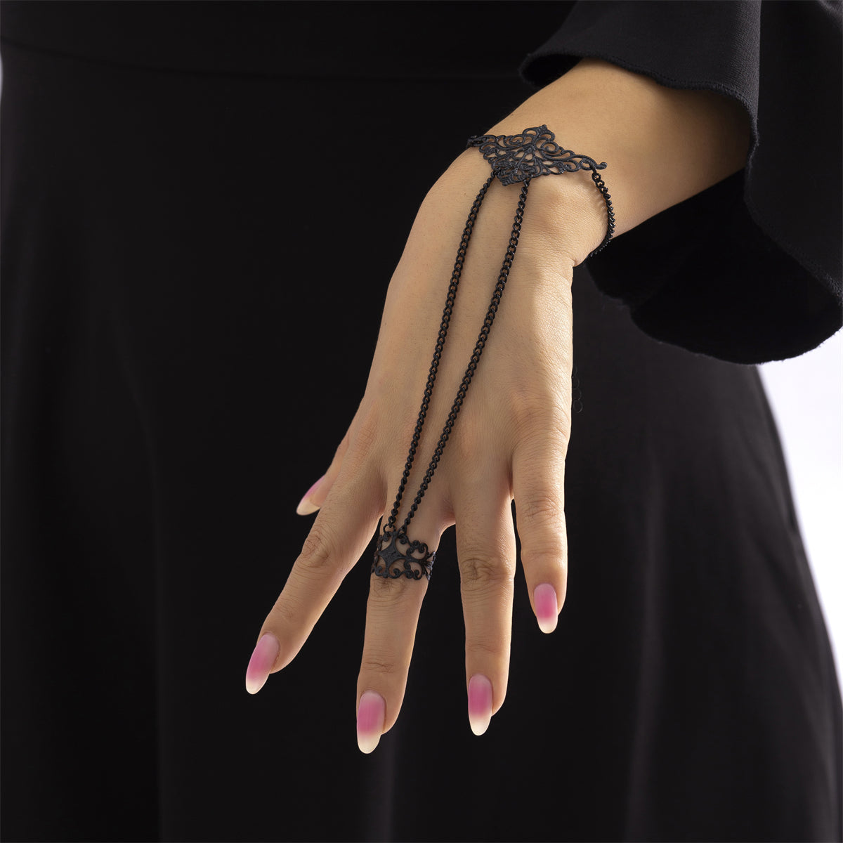 Black-Plated Crown Wrist-To-Ring Bracelet, bracelet for women, dainty minimalist design, detail close-up