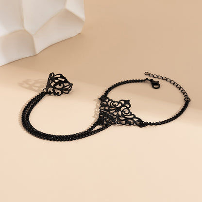Black-Plated Crown Wrist-To-Ring Bracelet, bracelet for women, dainty minimalist design, side view