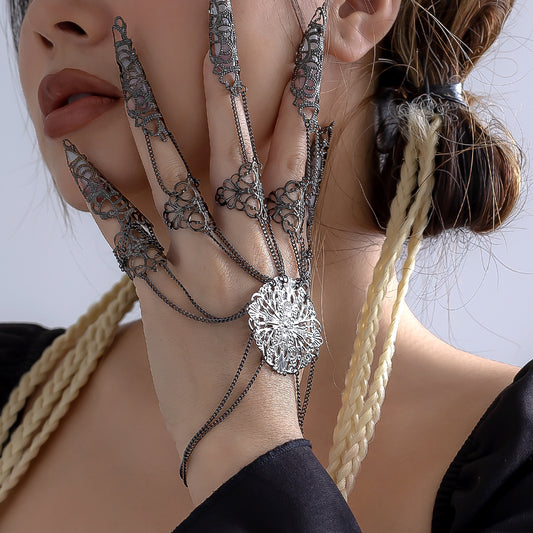 Black Filigree Full Hand Wrist-To-Ring Bracelet, bracelet for women, everyday style, front view