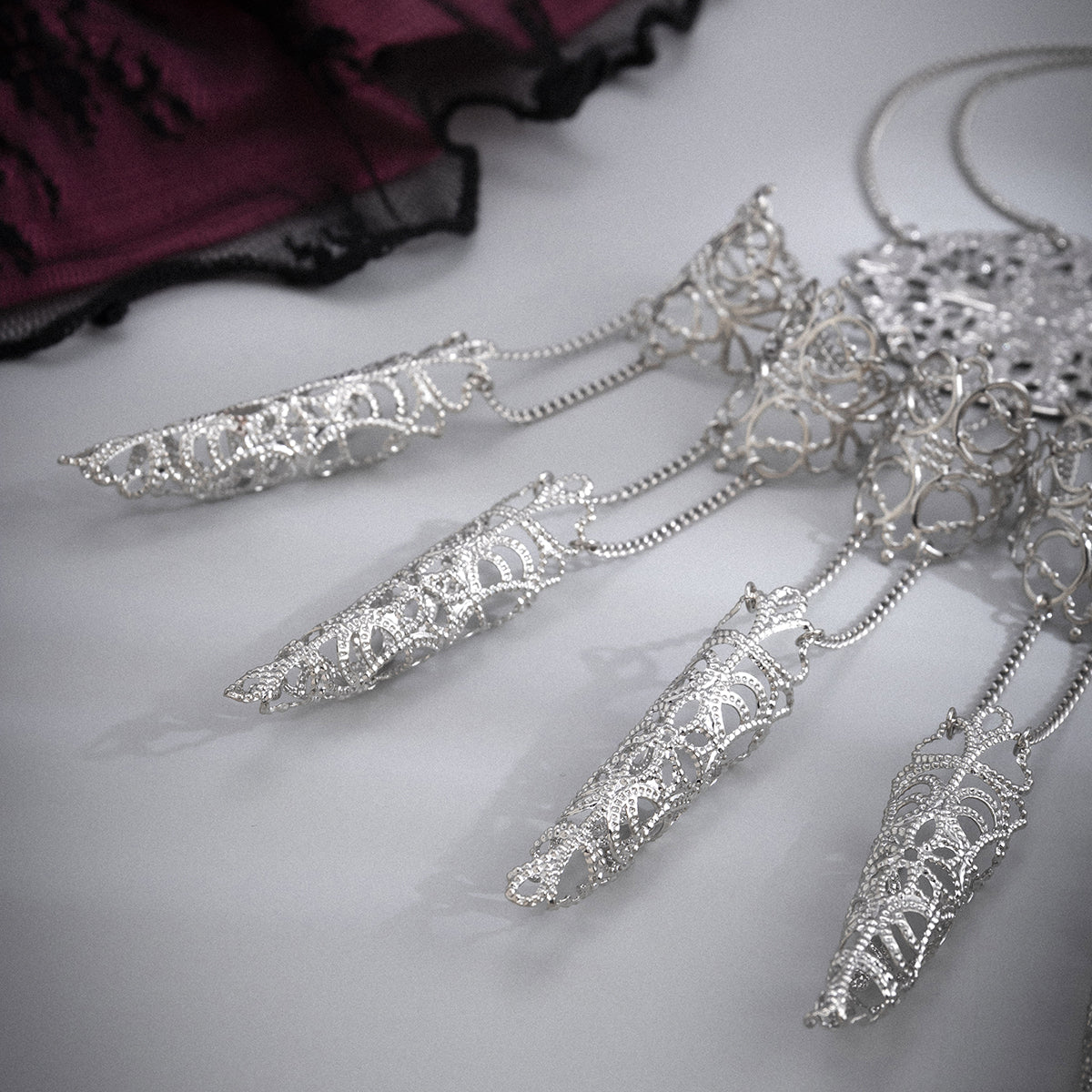 Silver-Plated Filigree Full Hand Wrist-To-Ring Bracelet, silver bracelet for women, vintage-inspired design, side view