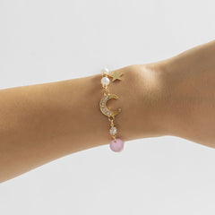 Pearl & Pink Quartz 18K Gold-Plated Moon Star Charm Bracelet