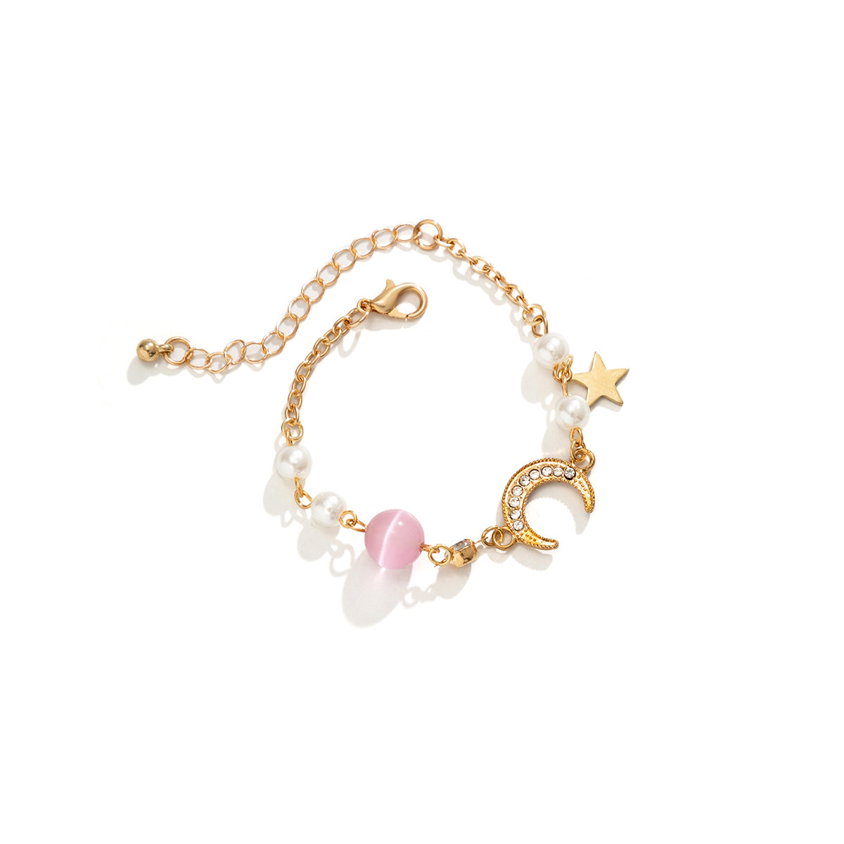 Pearl & Pink Quartz 18K Gold-Plated Moon Star Charm Bracelet