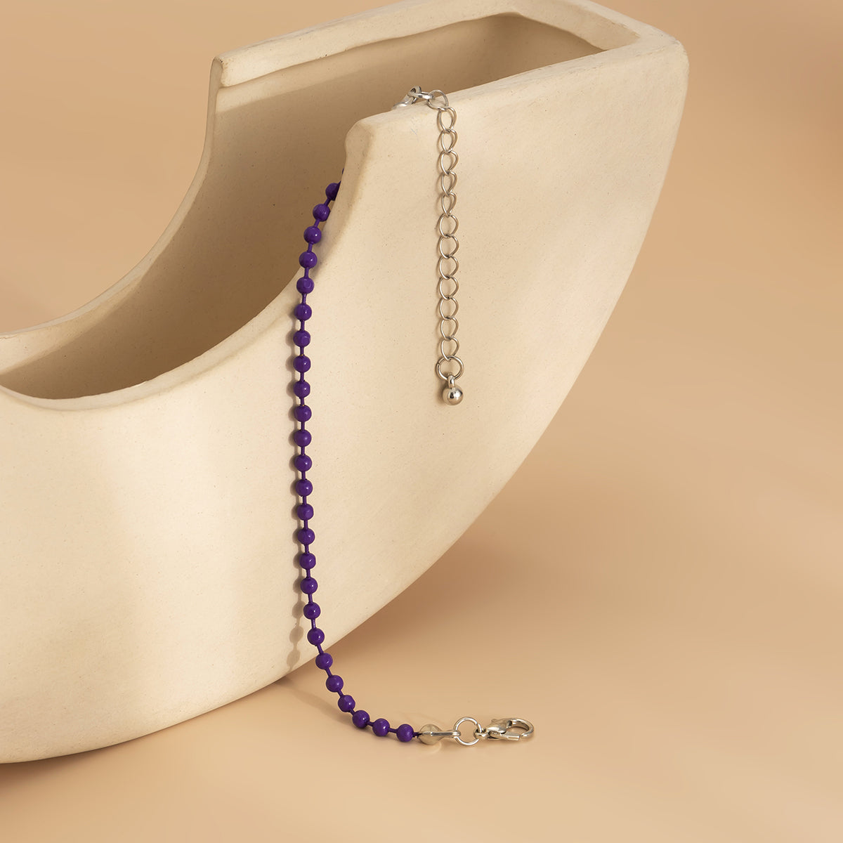 Purple Enamel & Silver-Plated Beaded Chain Adjustable Bracelet