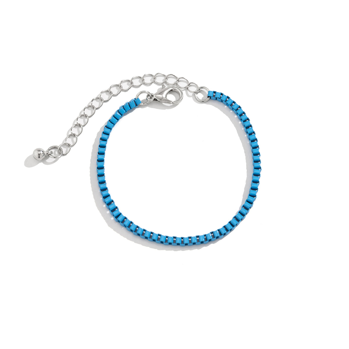 Blue Enamel and Silver-Plated Box Chain Bracelet, silver bracelet for women, botanical inspired, lifestyle look
