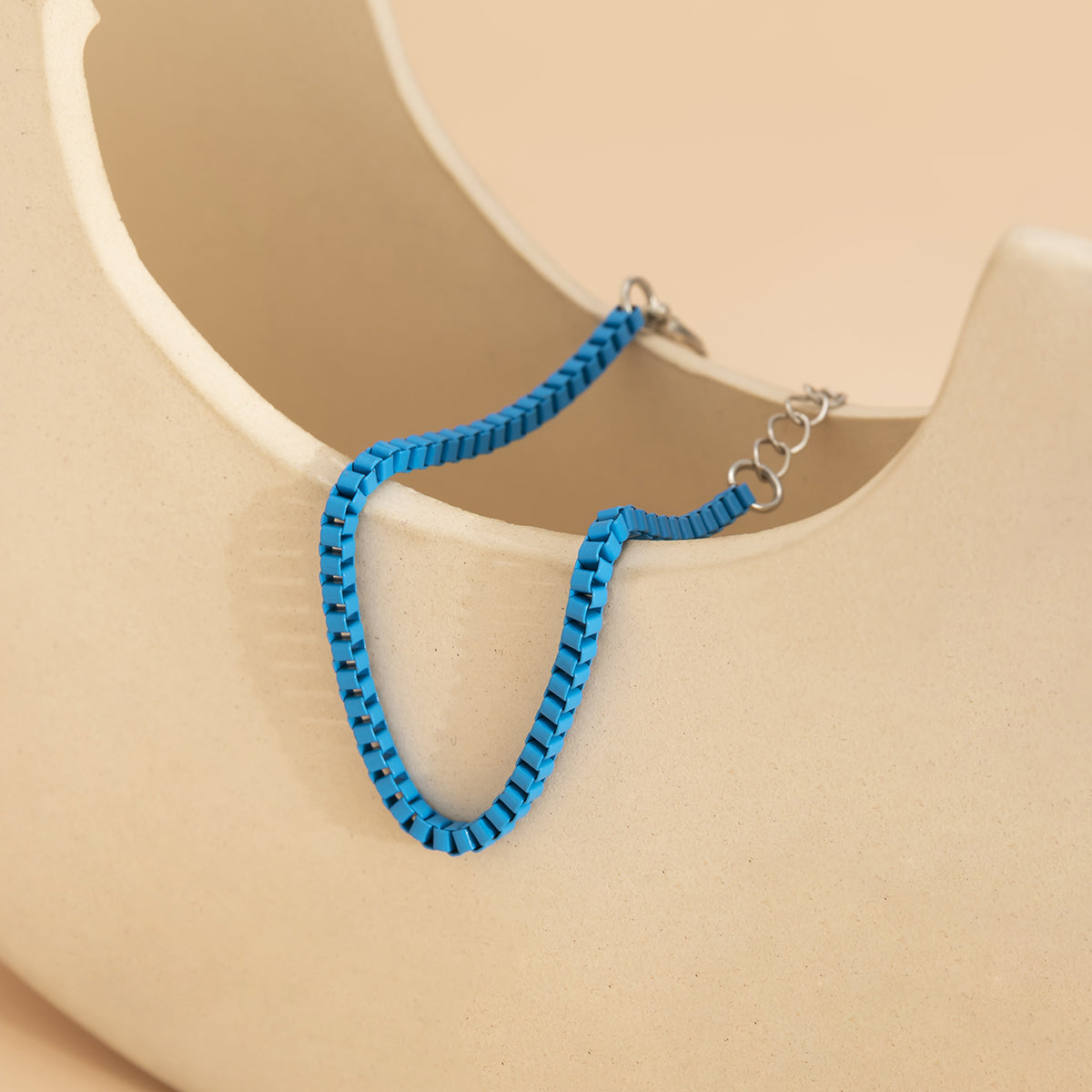 Blue Enamel and Silver-Plated Box Chain Bracelet, silver bracelet for women, botanical inspired, side view