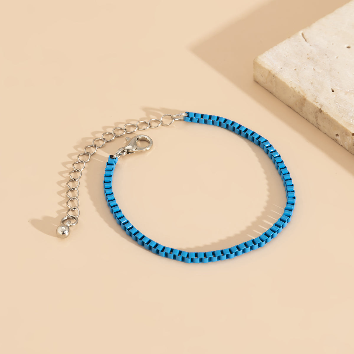 Blue Enamel and Silver-Plated Box Chain Bracelet, silver bracelet for women, botanical inspired, detail close-up