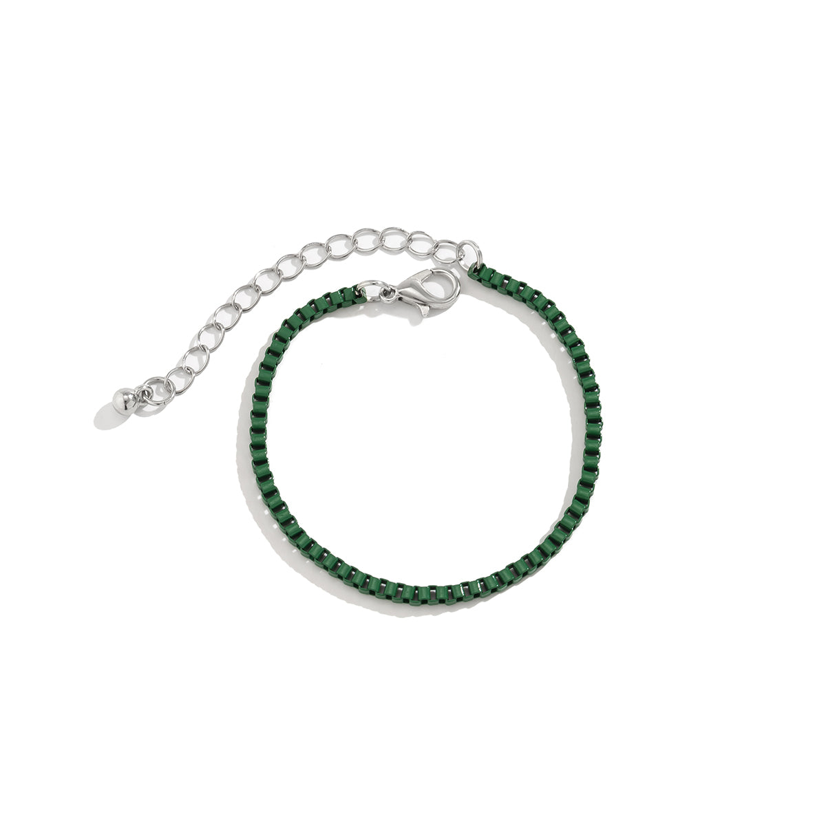 Green Enamel and Silver-Plated Box Chain Bracelet, silver bracelet for women, vintage-inspired design, lifestyle look
