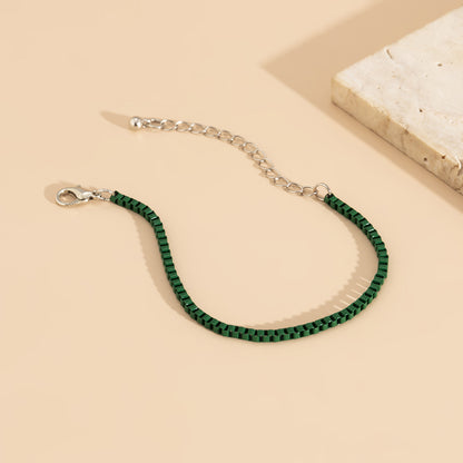 Green Enamel and Silver-Plated Box Chain Bracelet, silver bracelet for women, vintage-inspired design, styled look