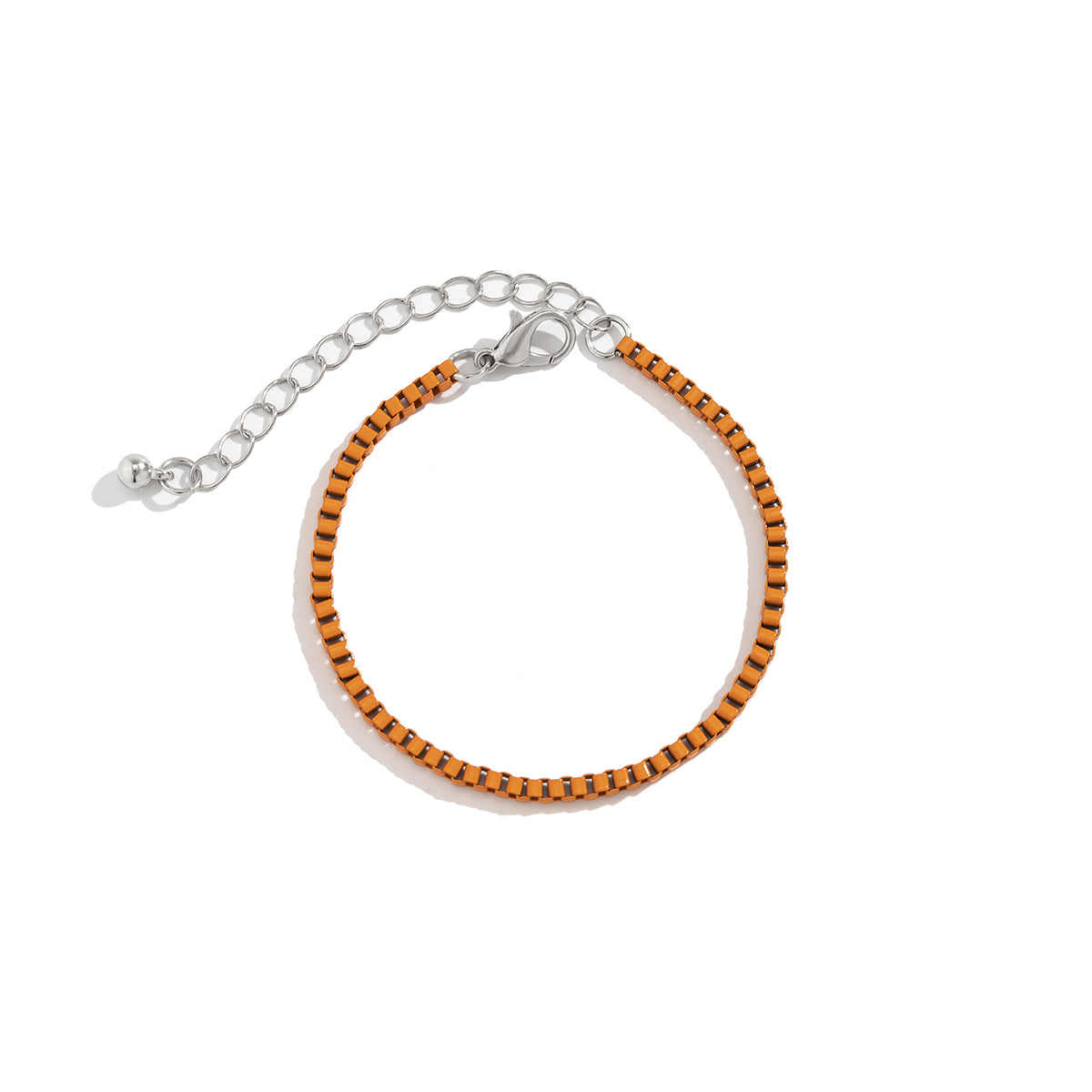Orange Enamel and Silver-Plated Box Chain Adjustable Bracelet, silver bracelet for women, detail close-up