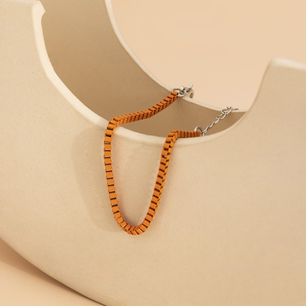 Orange Enamel and Silver-Plated Box Chain Adjustable Bracelet, silver bracelet for women, vintage-inspired design, side view