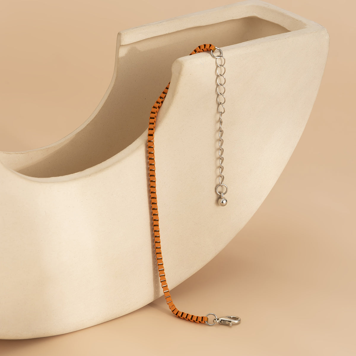 Orange Enamel and Silver-Plated Box Chain Adjustable Bracelet, silver bracelet for women, lifestyle look