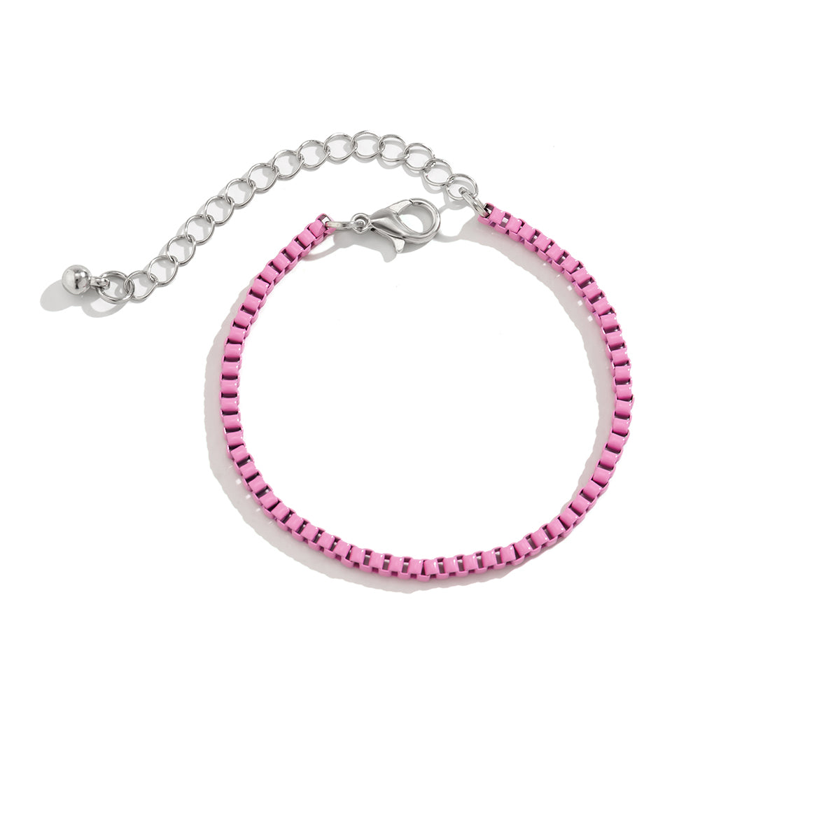 Pink Enamel and Silver-Plated Box Chain Bracelet, silver bracelet for women, botanical inspired, lifestyle look