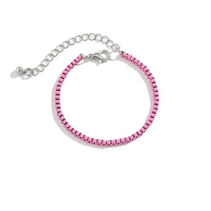 Pink Enamel and Silver-Plated Box Chain Bracelet, silver bracelet for women, botanical inspired, lifestyle look