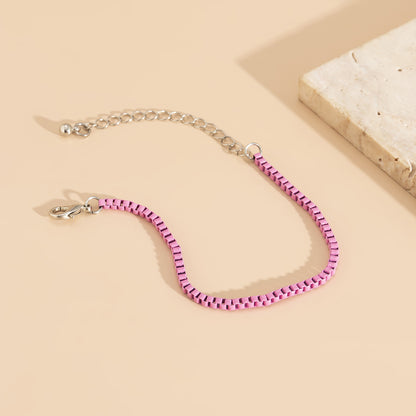 Pink Enamel and Silver-Plated Box Chain Bracelet, silver bracelet for women, botanical inspired, styled look