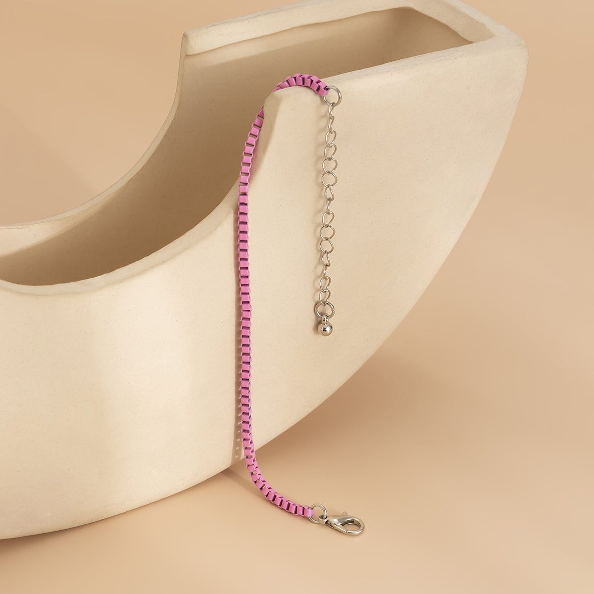 Pink Enamel and Silver-Plated Box Chain Bracelet, silver bracelet for women, botanical inspired, side view