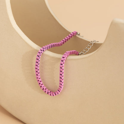 Pink Enamel and Silver-Plated Box Chain Bracelet, silver bracelet for women, botanical inspired, detail close-up