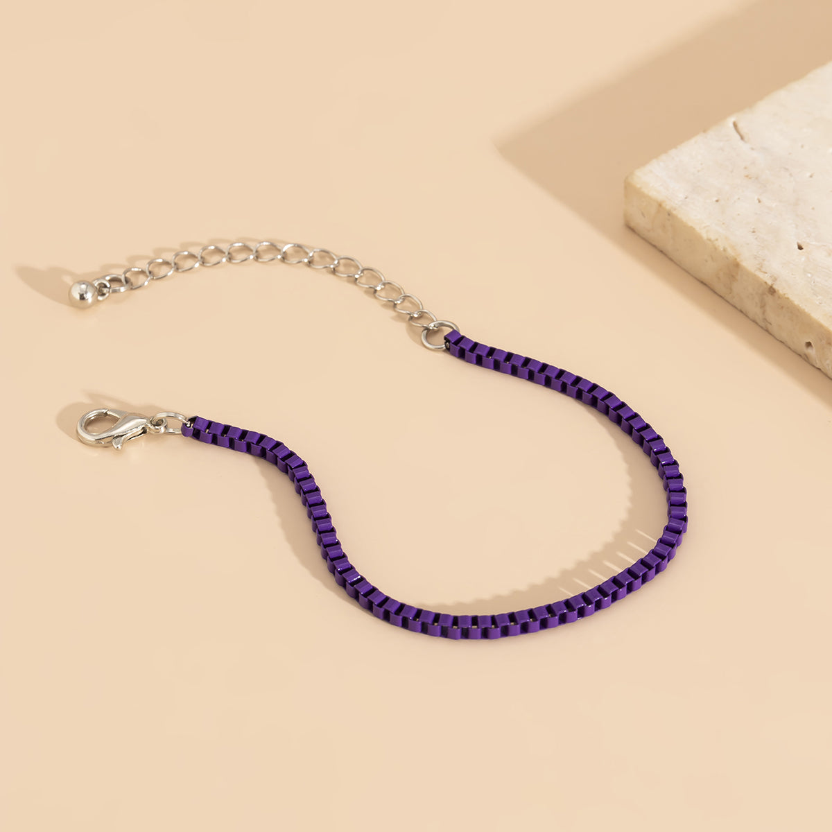 Purple Enamel and Silver-Plated Box Chain Bracelet, silver bracelet for women, vintage-inspired design, styled look