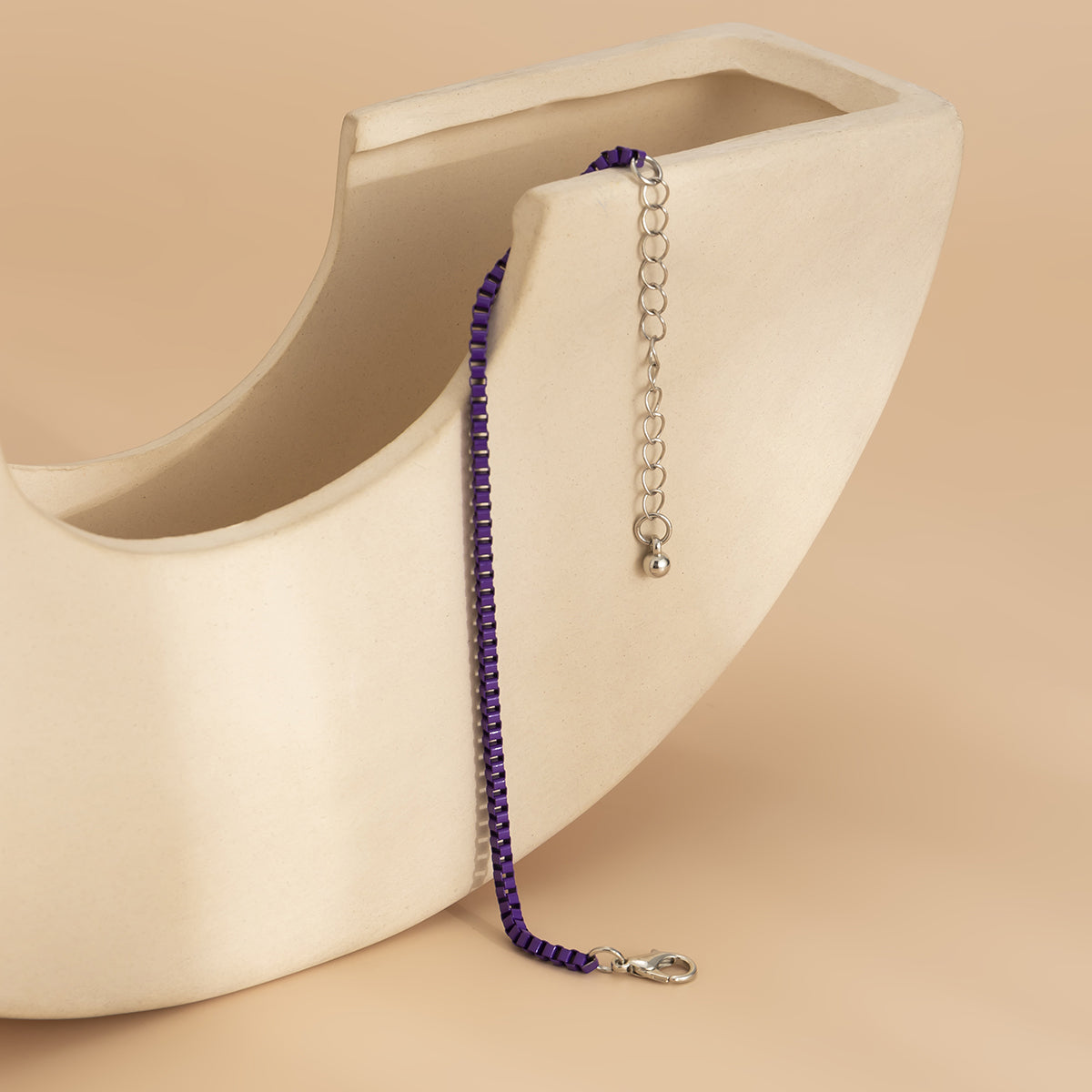 Purple Enamel and Silver-Plated Box Chain Bracelet, silver bracelet for women, vintage-inspired design, side view