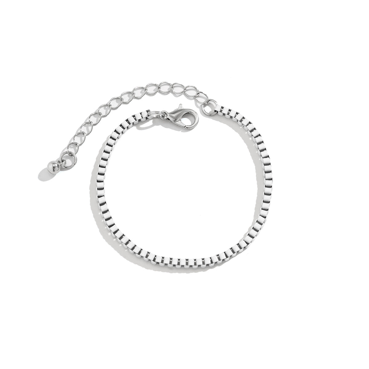 White Enamel and Silver-Plated Box Chain Adjustable Bracelet, silver bracelet for women, detail close-up
