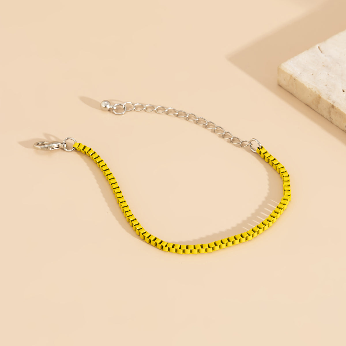 Yellow Enamel and Silver-Plated Box-Chain Bracelet, silver bracelet for women, everyday style, front view