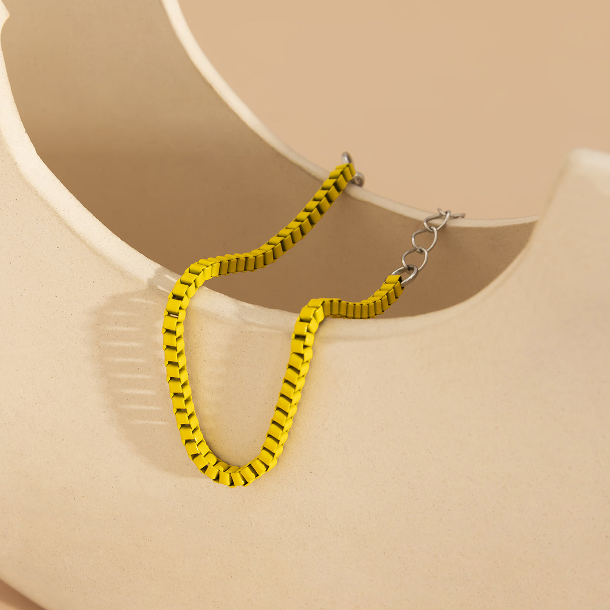 Yellow Enamel and Silver-Plated Box-Chain Bracelet, silver bracelet for women, everyday style, detail close-up