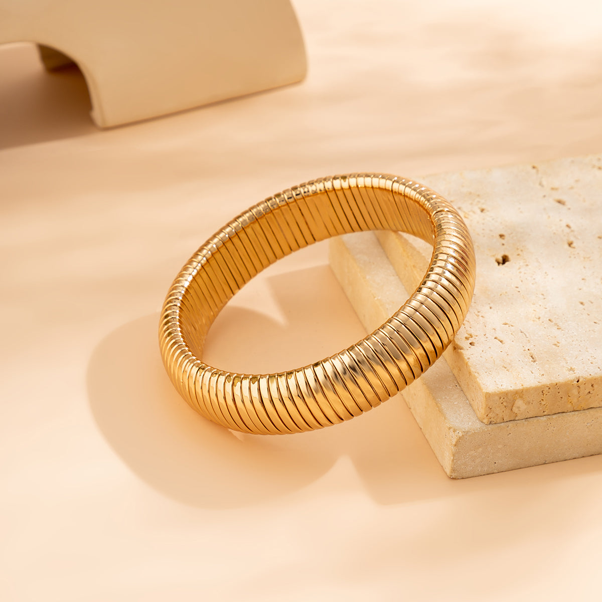 18K Gold-Plated Herringbone Bangle, gold bangle bracelet, vintage-inspired design, lifestyle look