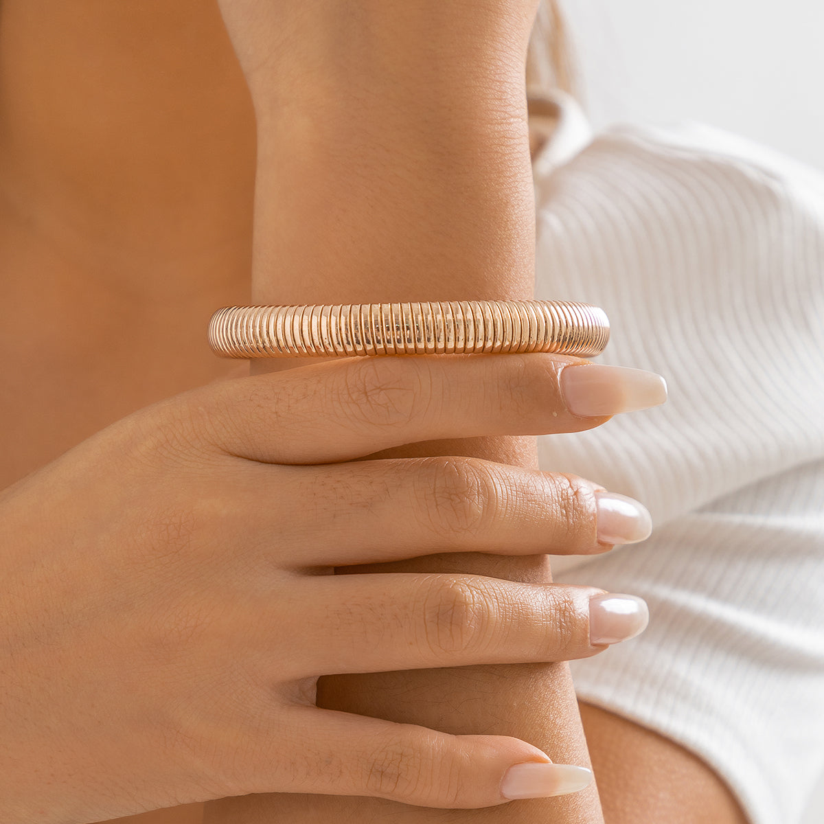 18K Rose Gold-Plated Herringbone Bangle, rose gold bangle bracelet, everyday style, front view
