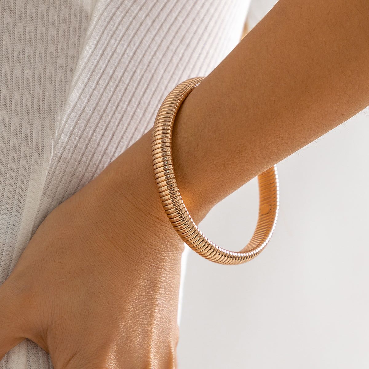 18K Rose Gold-Plated Herringbone Bangle, rose gold bangle bracelet, everyday style, side view