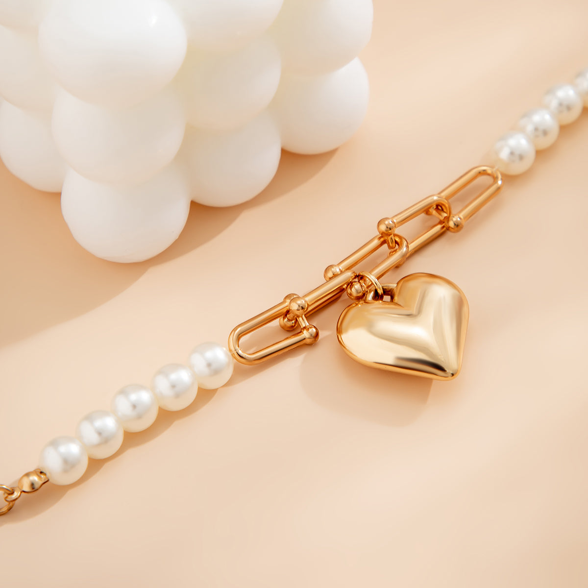 Pearl & 18K Gold-Plated Heart Charm Bracelet