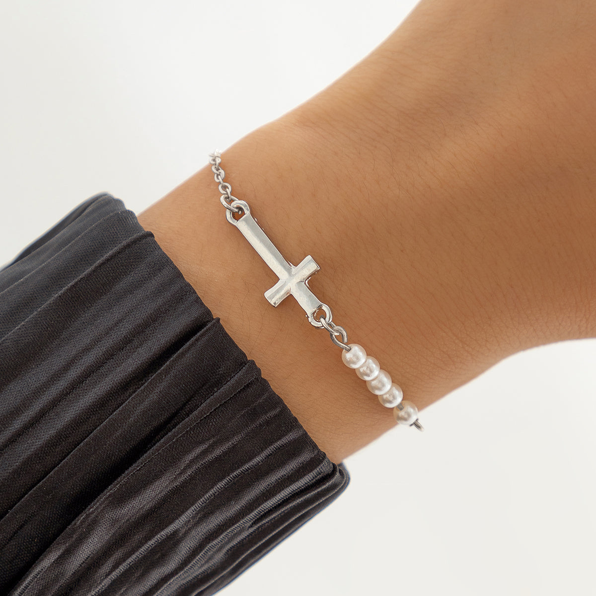 Pearl and Silver-Plated Cross Charm Bracelet, silver bracelet for women, elegant gift for her, front view