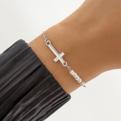 Pearl and Silver-Plated Cross Charm Bracelet, silver bracelet for women, elegant gift for her, front view