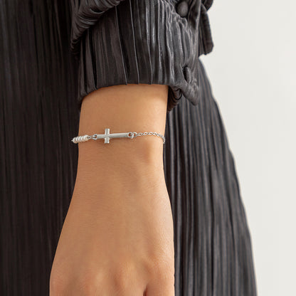 Pearl and Silver-Plated Cross Charm Bracelet, silver bracelet for women, elegant gift for her, detail close-up