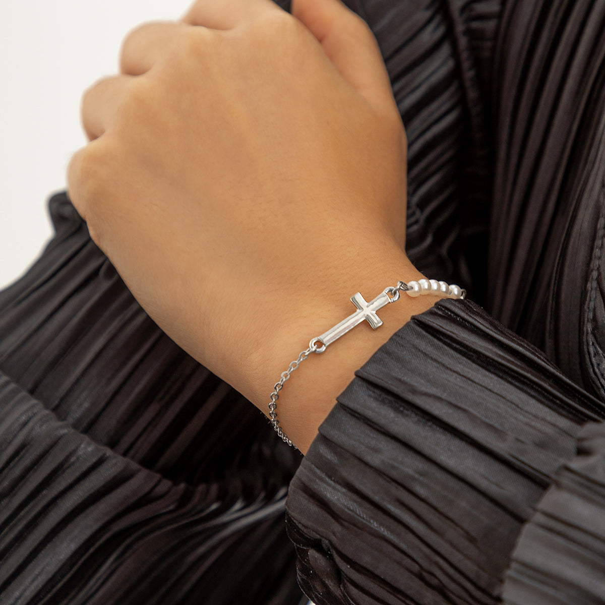 Pearl and Silver-Plated Cross Charm Bracelet, silver bracelet for women, elegant gift for her, side view