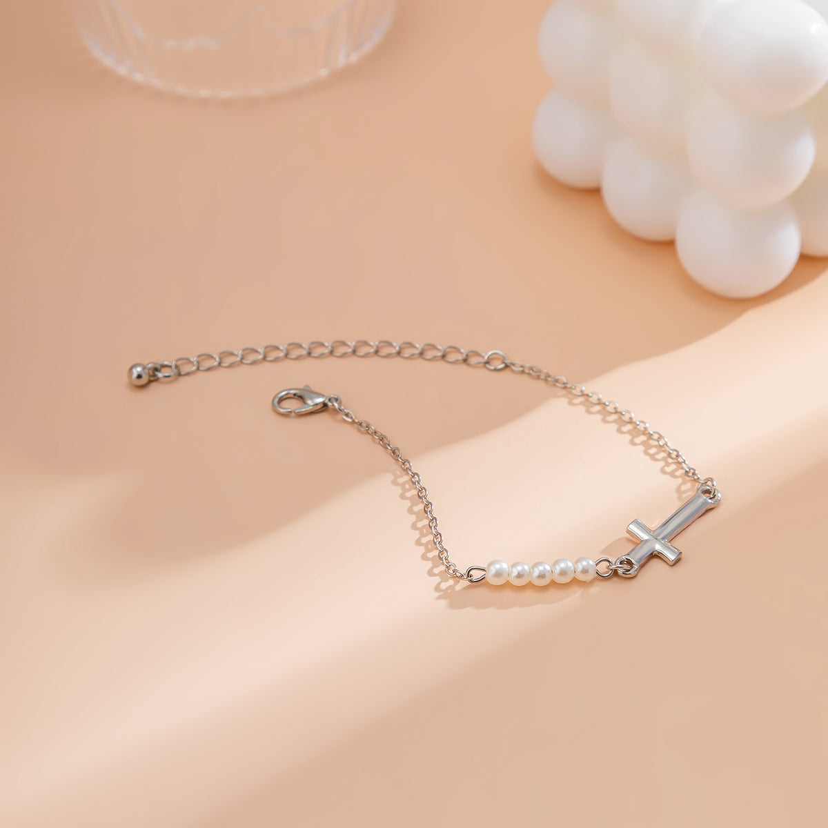 Pearl and Silver-Plated Cross Charm Bracelet, silver bracelet for women, elegant gift for her, lifestyle look